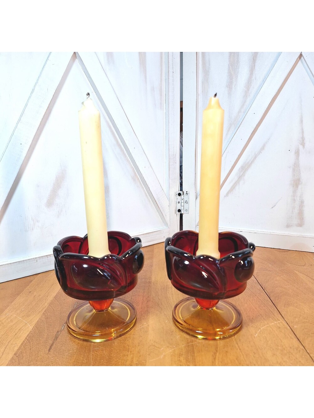 Vintage Indiana Glass Tiara Leaf Sunset Amberina Candlestick Holders Set 2